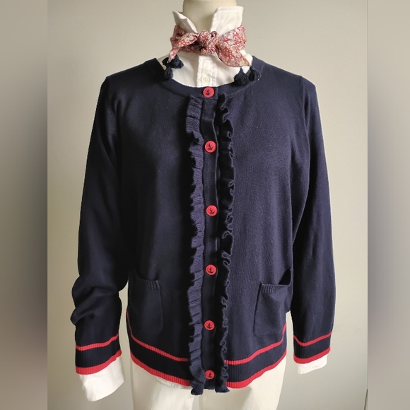 Talbots Sweaters - Talbots Cotton Cashmere Nautical Ruffle Cardigan Navy Blue Red Coastal Size 1X